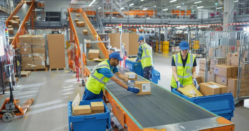 Trabajadores con chalecos reflectantes clasificando paquetes en una cinta transportadora dentro de un almacén logístico.