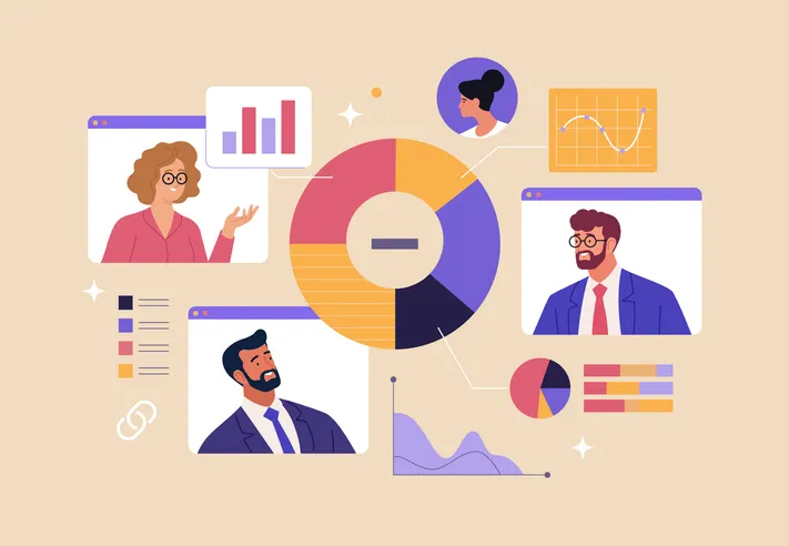 Ilustración de una videollamada entre varias personas rodeadas de gráficos y estadísticas, representando una reunión de análisis de datos.