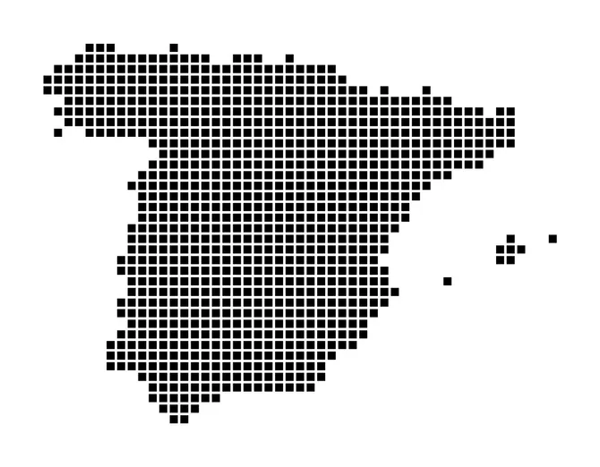 Mapa de España representado con un patrón de píxeles cuadrados en negro sobre fondo blanco.