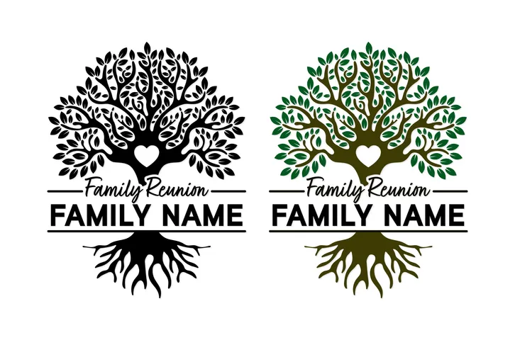 Dos ilustraciones de un árbol genealógico con raíces y un corazón en el tronco, con el texto 'Family Reunion' y 'Family Name', en versión negra y en versión verde.