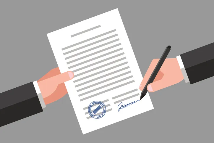 Ilustración de una persona firmando un documento con sello notarial, representando la formalización legal de un testamento