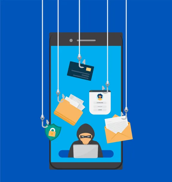 Ilustración de phishing con anzuelos capturando tarjeta, contraseña y correos desde un móvil