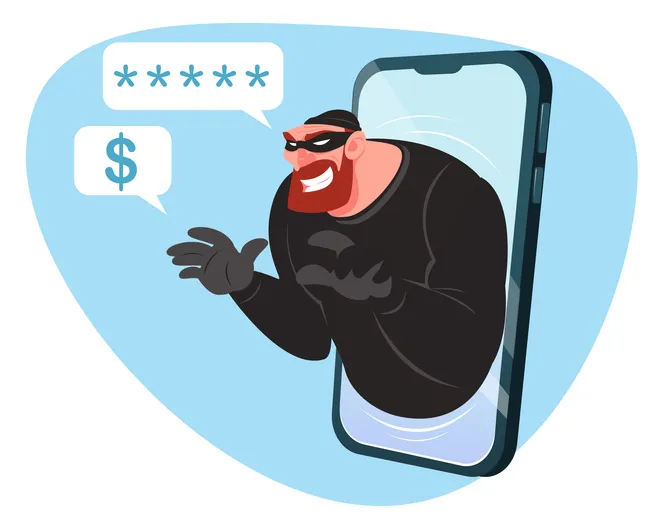Ilustración de un ladrón enmascarado saliendo de un móvil pidiendo contraseñas y dinero, símbolo de phishing