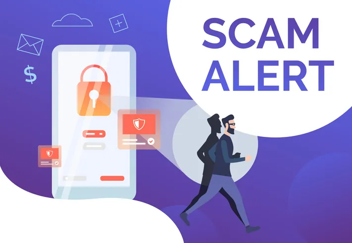 Ilustración de una alerta de estafa con un móvil bloqueado y una silueta huyendo, símbolo de fraude bancario