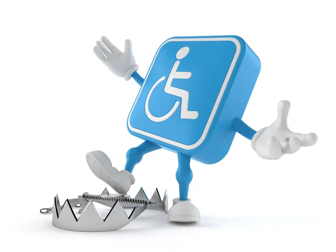 Personaje con el símbolo de discapacidad a punto de pisar una trampa de cepo, representando los riesgos legales que enfrentan las personas con discapacidad sin protección adecuada