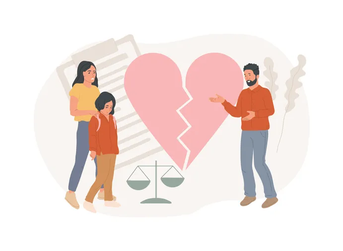 Ilustración de una pareja separándose con un corazón roto, una balanza de justicia y una madre con su hijo, representando el proceso de divorcio