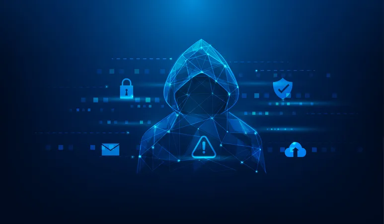 Ilustración digital de una figura encapuchada rodeada de iconos de candado, alerta, correo y nube, simbolizando una amenaza cibernética o hacker.